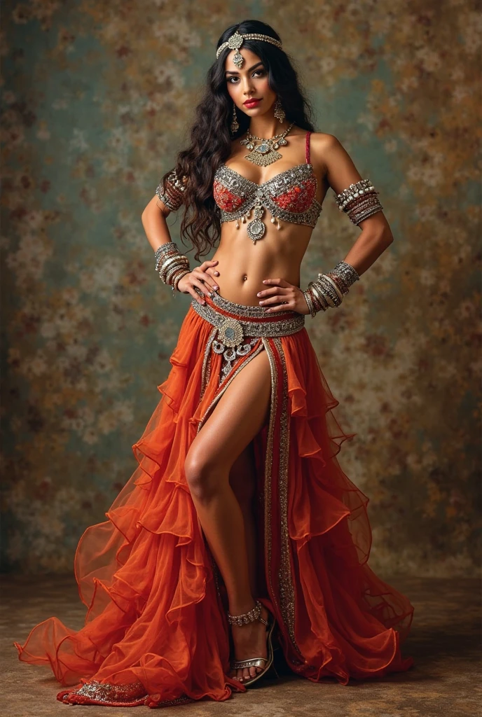 (Ultra-detailed, photorealistic, best quality, 4k,8k, highres, masterpiece:1.3), Featured is a Tawaif, a courtesan from the Indian subcontinent, ((who embodies the essence of mature allure, sophistication, and grace)), (((She boasts an elegant stature, complemented by a traditional figure, a slender waist, and well-sculpted features, epitomizing the quintessential Indian beauty))), (She is adorned with dark, lustrous hair), (striking almond-shaped eyes), ((and a fair complexion)), enhanced by vibrant, expressive makeup, (((She exhibits an exquisite traditional ensemble which has been modernized into a more sexy and daring outfit. This outfit still maintains elements of the traditional 'Lehenga Choli', but with a shorter, form-fitting blouse known as choli, and a thigh-high slit in the skirt known as lehenga, offering a traditional yet fashionable twist. She also wears traditional 'Kundan Jewelry', 'Anklets', and carries a 'Potli Bag'))), (The vibrant, daring lehenga choli presents a striking contrast against her fair skin), She is portrayed posing elegantly in her outfit, (exceptionally detailed:1.3),, super finely detailed hands, ultra finely detailed fingers(((ten fingers))), (posing elegantly), (full body showcase), (show full body), (no logos in the background), (no logo).