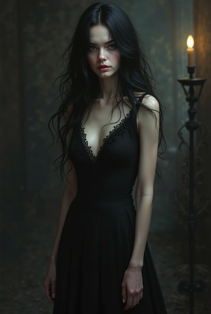 Beautiful 27 years old tall girl with pale skin, long wavy black hair, crimson red eyes, elegant black tight dress 