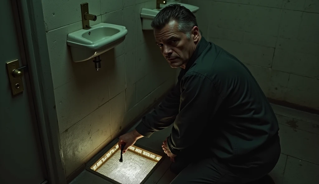 a crime scene, a dead man's body wearing a jacket on the floor of an office