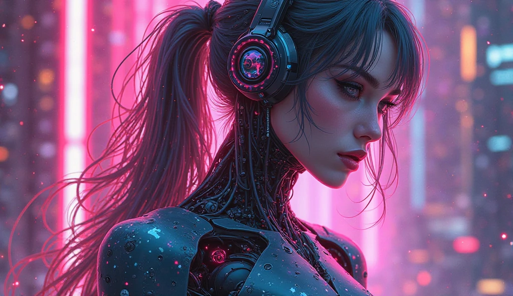 a closeup of a woman in a futuristic suit with neon lights, cyberpunk dreamy girl, beautiful cyborg girl, cyberpunk 2 0 years. o model girl, chica cyborg, cyberpunk beautiful girl, Neon scales and Cyborg Tech, Bright cyberpunk glow, beautiful chica cyborg, Cyborg - Chica, Neon cybernetic implants, Cyberpunk vibes, beautiful cyberpunk woman model