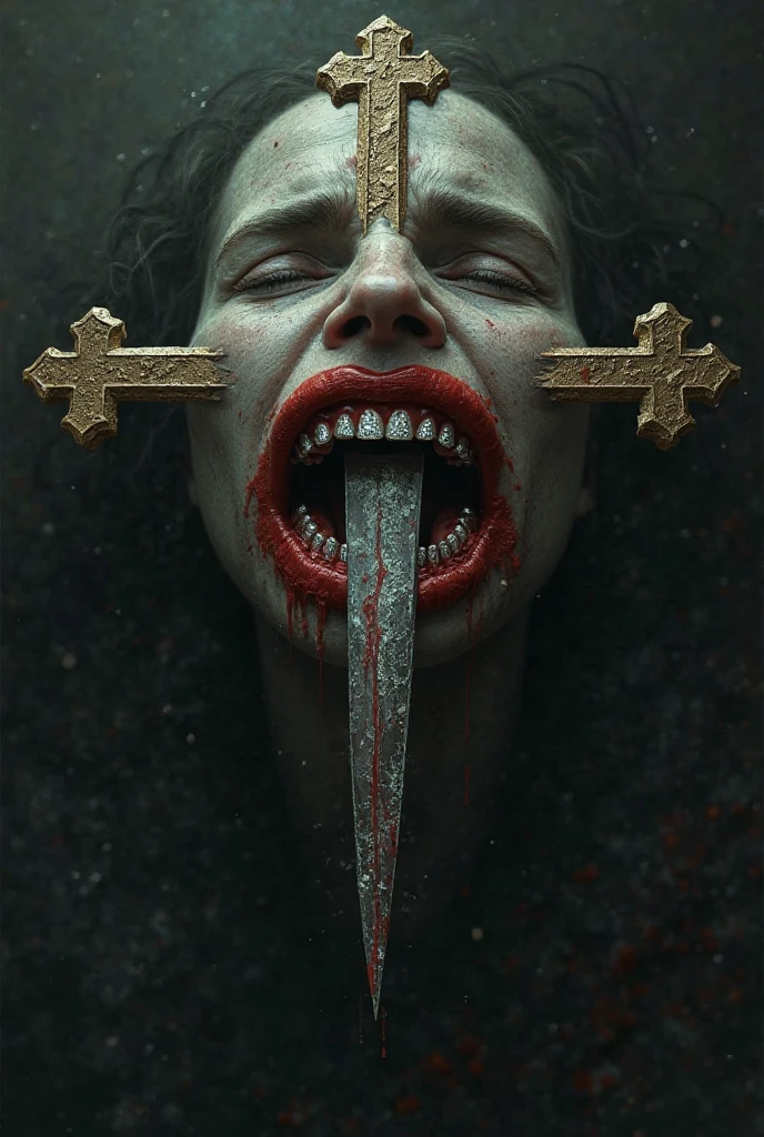 Setting: Close-up on the symbol mark on the victim's neck. Visual Details: Clearly visible enigmatic symbol, drawn in a color contrasting with the victim's pale skin. Text or small objects around that help highlight the brand.