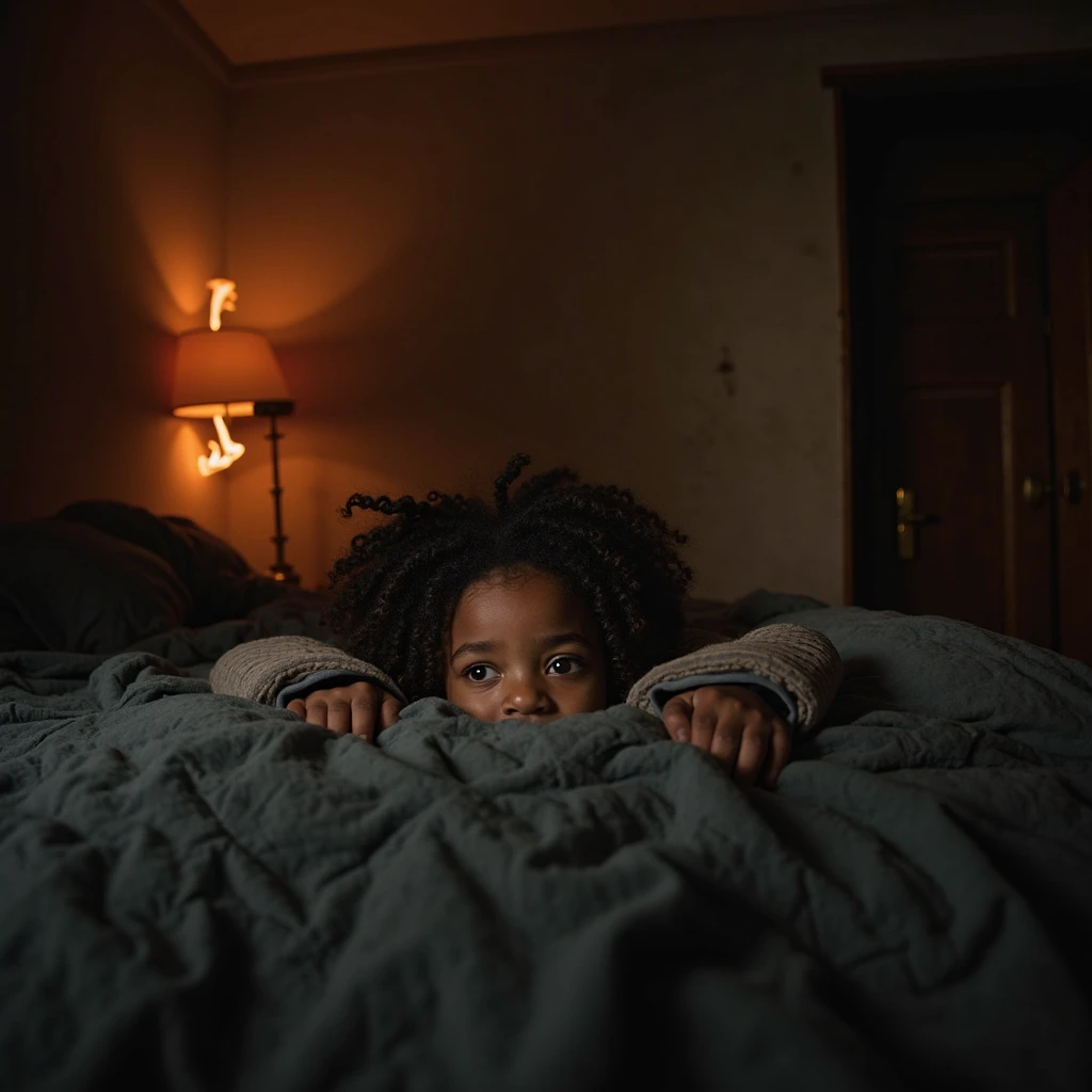 Une personne allongée dans son lit avec une expression nerveuse, entourée de peluches, avec une lumière de chevet allumée, prête à se rassurer pendant la nuit.
C'est une blague simple mais qui parle à beaucoup de monde, surtout ceux qui aiment les films d'horreur mais qui ont besoin d'un peu de lumière pour se sentir en sécurité ensuite !
Une femme sénégalaise âgé minimum 28 ans avec quelques montrant c'est sénégalais dans la chambre ça peut être une décor avec le drapeau Sénégal