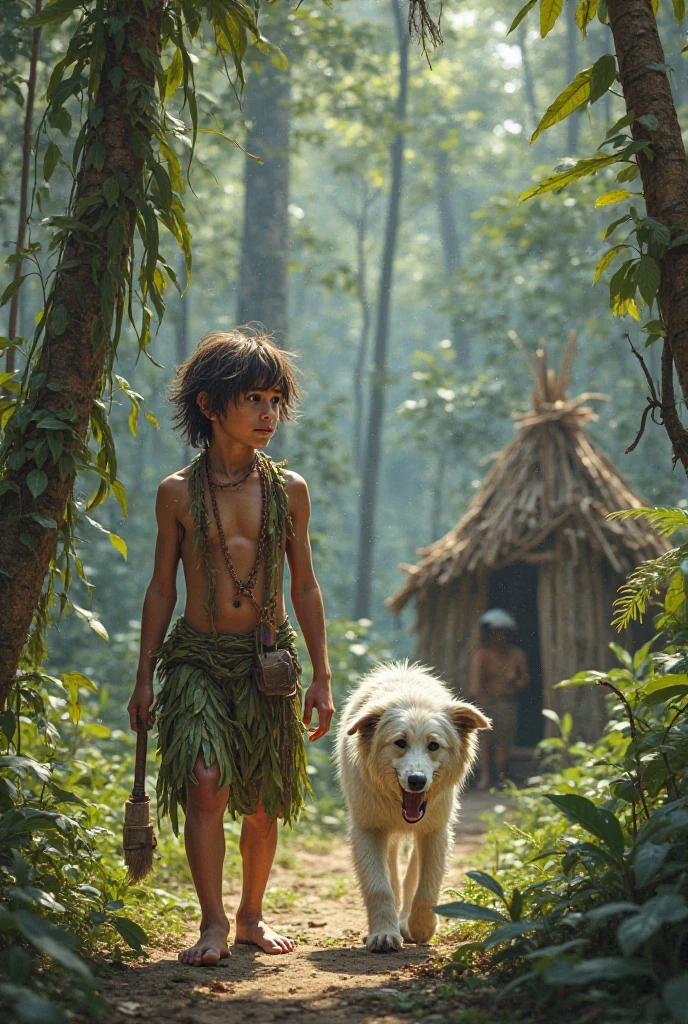 Photorealism 1.3 realistic realism high detailed high definition clear natives kids the jungle covered wearing tree skin as a shirt with leaf dramatic cinematography cinematic view morning mode sunlight silhouette smoke effect bamboo hut leaf roof campfire smoke only aborigines villages small river played with puppy