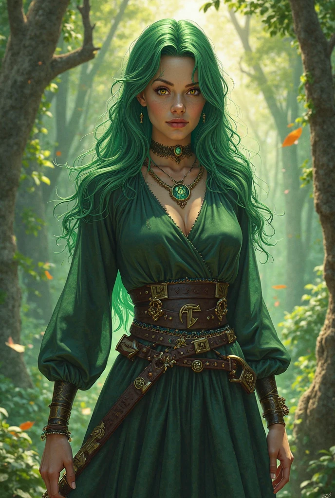 painting of a woman in a dark forest with a green cape, gothic wraith maiden, woman in a dark forest, fae priestess, goddess of the forest, witch in the woods, dryad in the forest, elfic priestess, forest dryad, the moonlit dance of the fae, spirit of the forest dwells, realistic, 8k