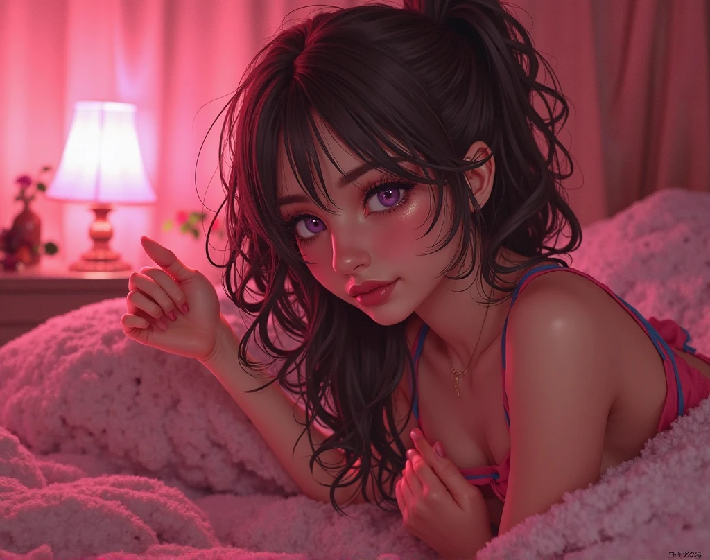 cute anime character girl, hot attractive sister, sticking tongue out, messy wavy long hair, brown skin, choker with heart pendant, round earrings, long nails, wearing loose baggy hip-hop fashion, attractive and seductive face, slutty, orgasm, make-up, superlative body proportion, indoors, heart effects, 2.5D, delicate and dynamic, graphic CG digital art