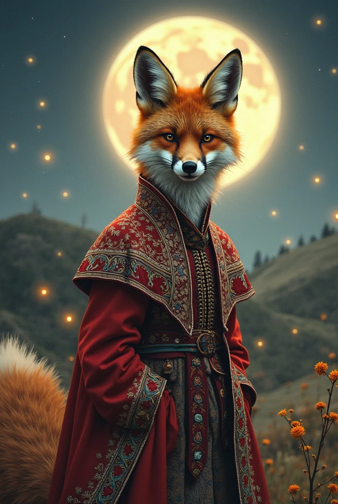 A magnificent fox in Czech costume on a full moon night