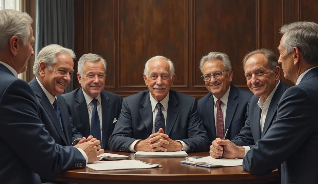 a group of senior business executives in a boardroom, realistic portrait, detailed faces, seniors, relaxed expressions, formal postures, elegant corporate environment, studio lighting, sober color tone, 4k, ultra detailed, high quality oil painting, masterpiece