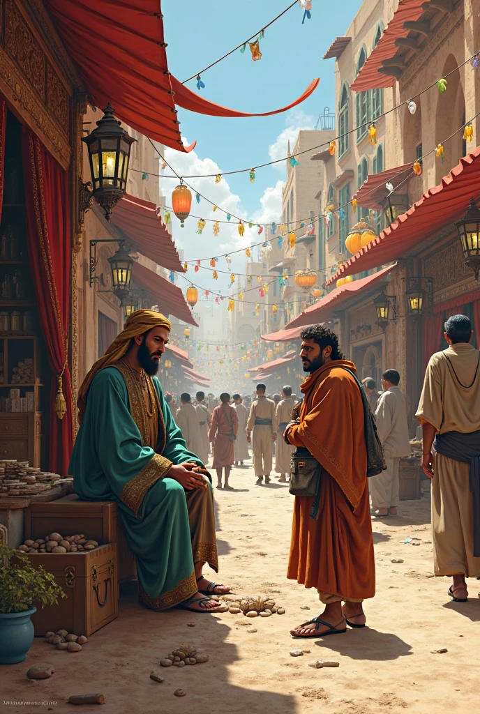 Prompt for the opening scene: "A bustling Middle Eastern marketplace in an ancient city. Hazy sunlight filters through, casting long shadows. In the center, a wise-looking man with a long, gray beard wearing a white turban and a flowing robe (depicting Hazrat Ali) is engaged in a heated but respectful debate with a curious-looking man wearing simple clothes. The marketplace is filled with various stalls selling fruits, spices, and textiles. Onlookers are gathered around, some watching intently and others going about their business."