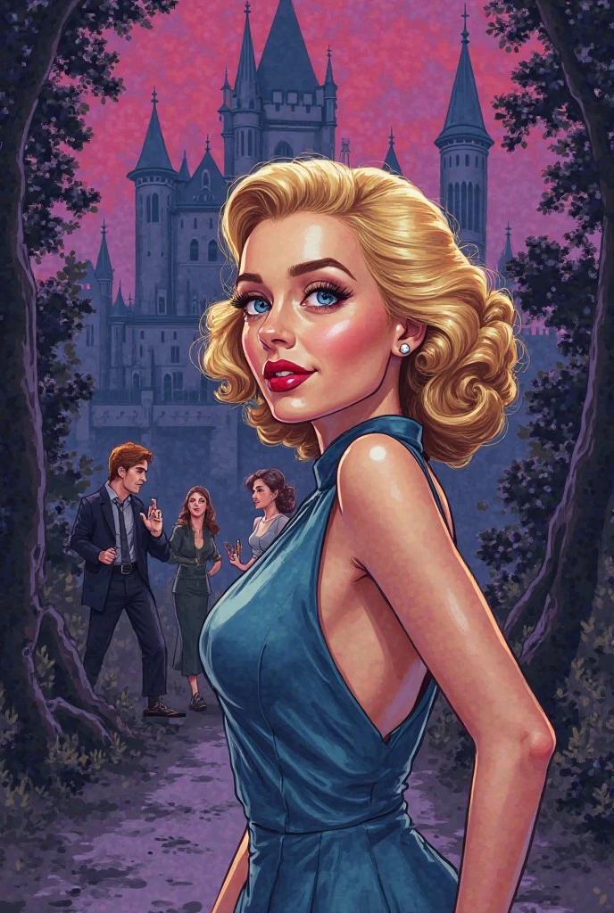 Create the illustrated cover as if it were the cluedo, Violet background, a castle and several characters, the protagonist, a very beautiful blonde woman dressed in the 1950s, next door, a very handsome and sexy man, and then strange and curious characters such as the game of Cluedo. También ti crea a una señora de unos sesenta años vestida muy llamativa