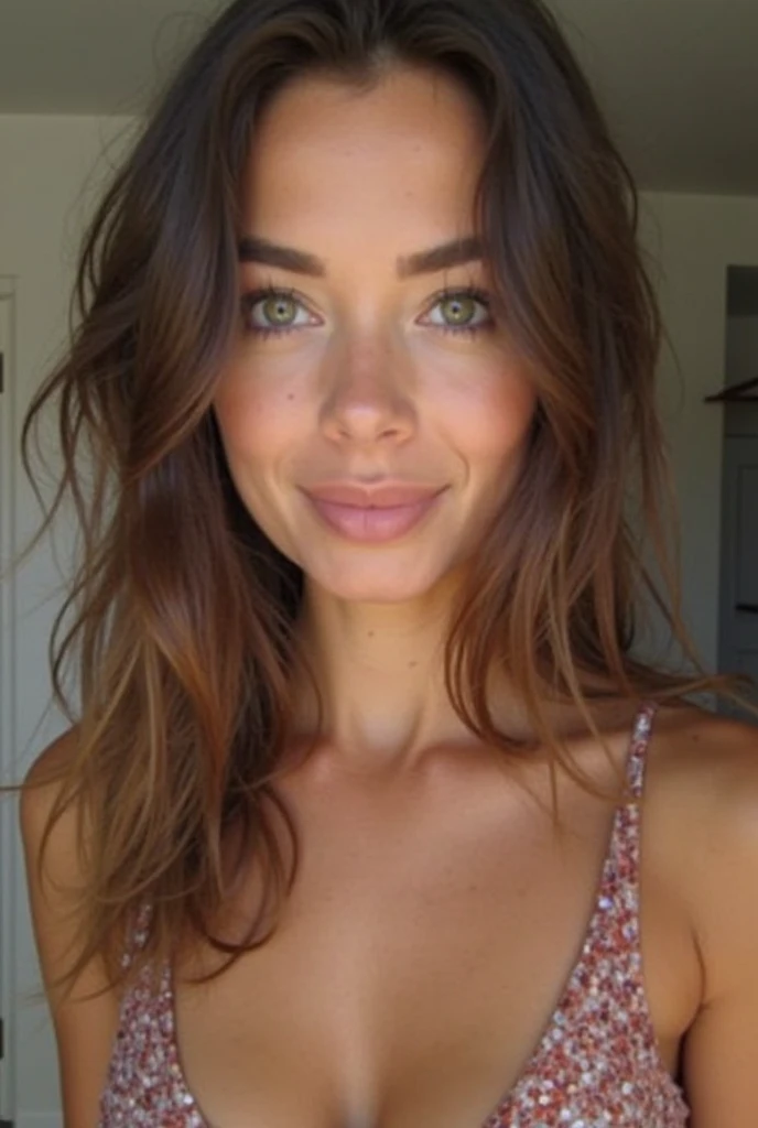 a selfie of a pretty young woman, taken with iphone camera, purple bra