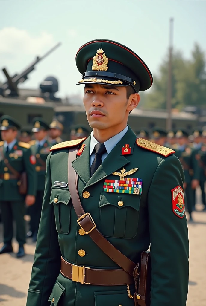 Highly realistic photo, ((masterpiece), (best quality), (raw photo), (photorealistic:1.4), Portrait of a Vietnamese soldier, wearing green army uniform , ((light blue background)) , photo taken by Sony A7IV