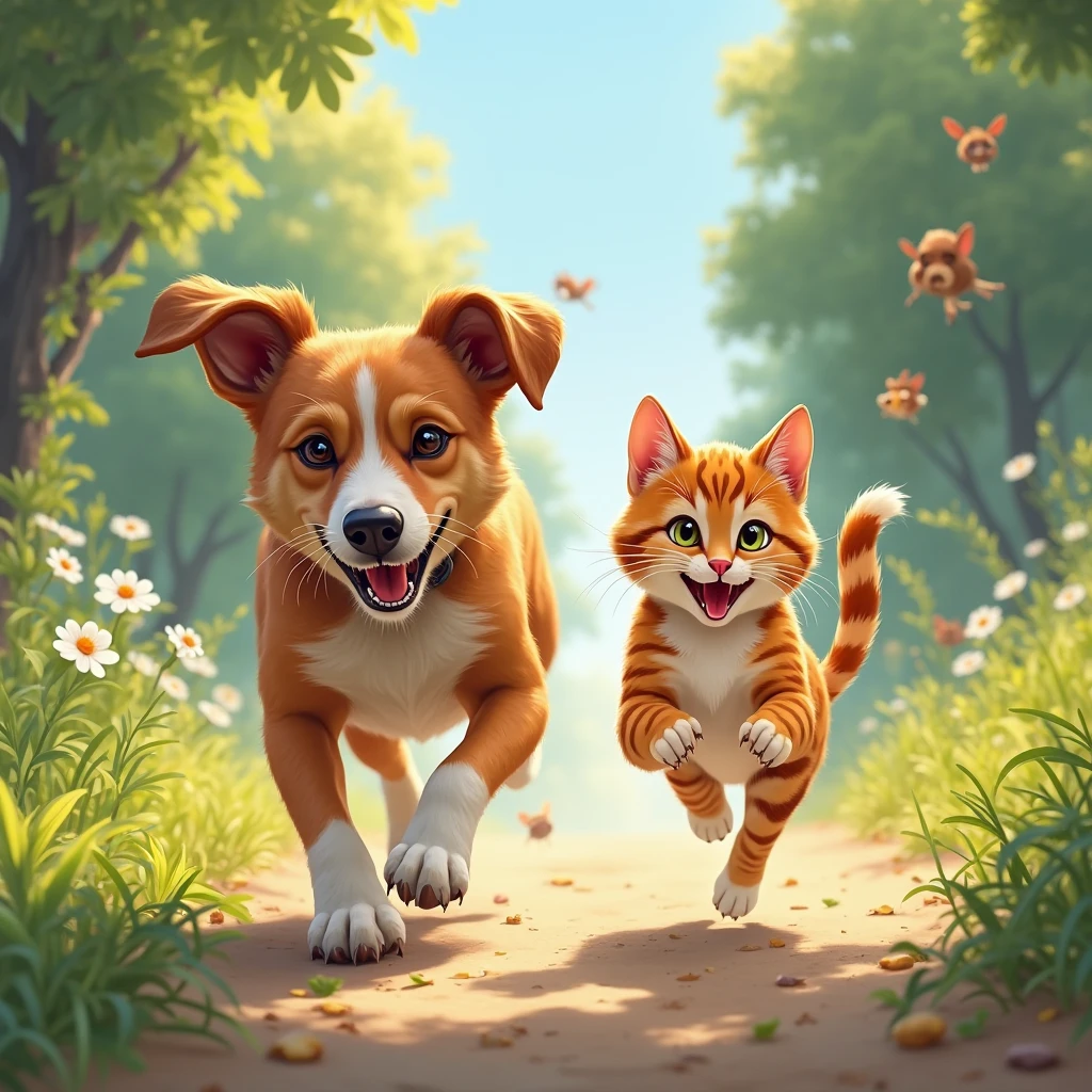 A dog is running after a cat A dog is running after a cat

