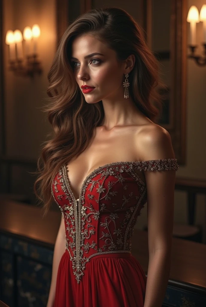 Highest quality, Realistic, photoRealistic, Award-winning illustrations, (Intricate details: 1.2), (Subtle details), (Intricate details), (Cinematic Light, Super sexy long black hair 23 year old girl ,in a tight red long dress,Breasts visible through clothes