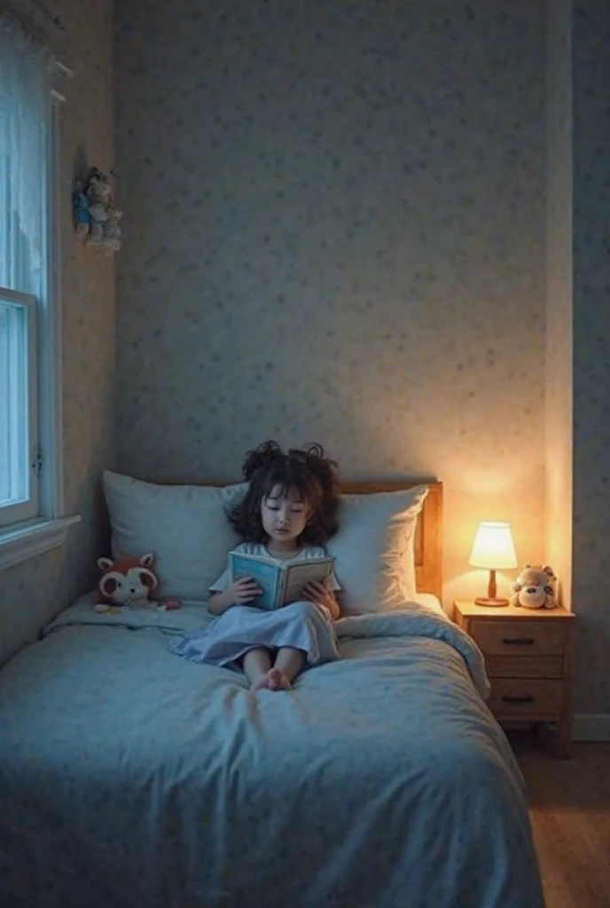 A night scene of a baby girl’s bedroom, a cute baby sleeping soundly in her crib. She has black hair and a blue baby outfit. The room is dimly lit by a night light and a moonbeam coming through the window. There are some toys and books on the floor and a teddy bear next to the crib. --auto