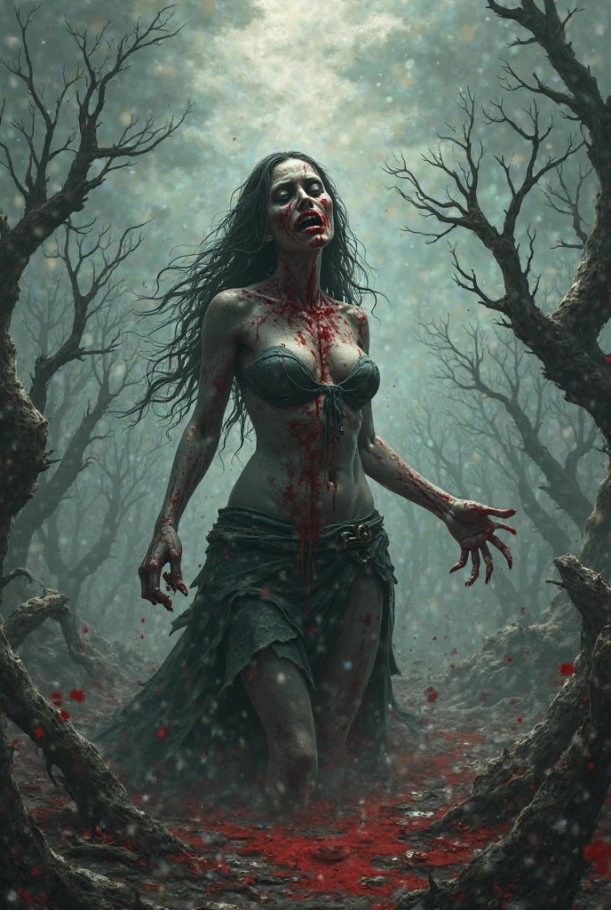 a young and frightening woman, with black hair and red eyes, with a naked body covered in blood and sharp teeth and claws and holding her severed and deformed arm, in the background of the dark forest with mist, body horror style.