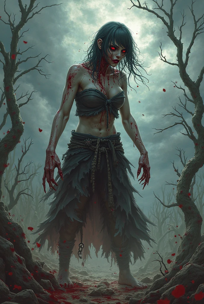 there is a woman walking in a room with blood on her face, bloody + concept art, artwork in the style of guweiz, eerie art style, guweiz on pixiv artstation, guweiz on artstation pixiv, detailed 4k horror artwork, dark fantasy horror art, dark fantasy style art, deviantart artstation cgscosiety