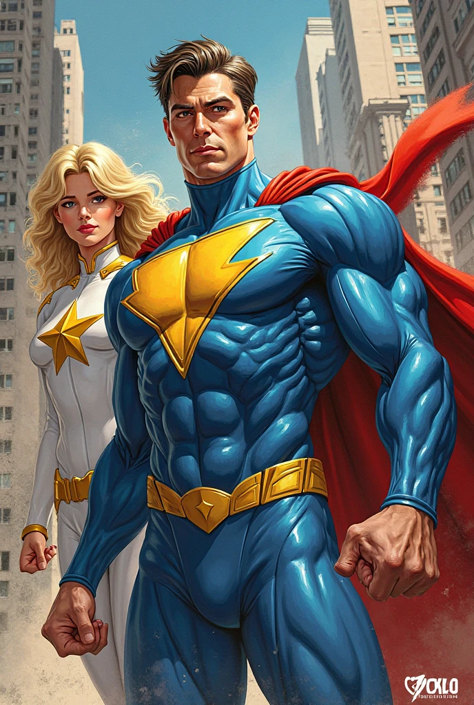 European man europe superhero suit europe clothing blue and stars clothes Flag of europe short white hair brown skin yellow eyes