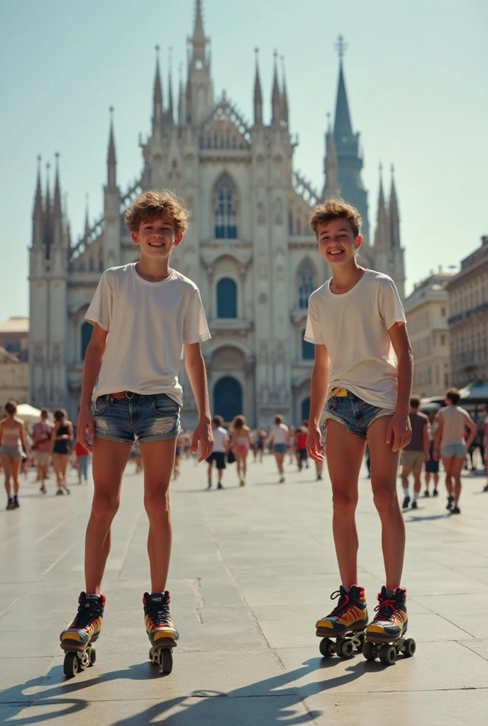 twink boys wearing tight briefs in doggy pose, one standing with legs apart, buzz cut, smooth body, cute european face, smiling, high quality, natural face, standing in the middle of a busy street, photorealistic, provocative --auto --s2