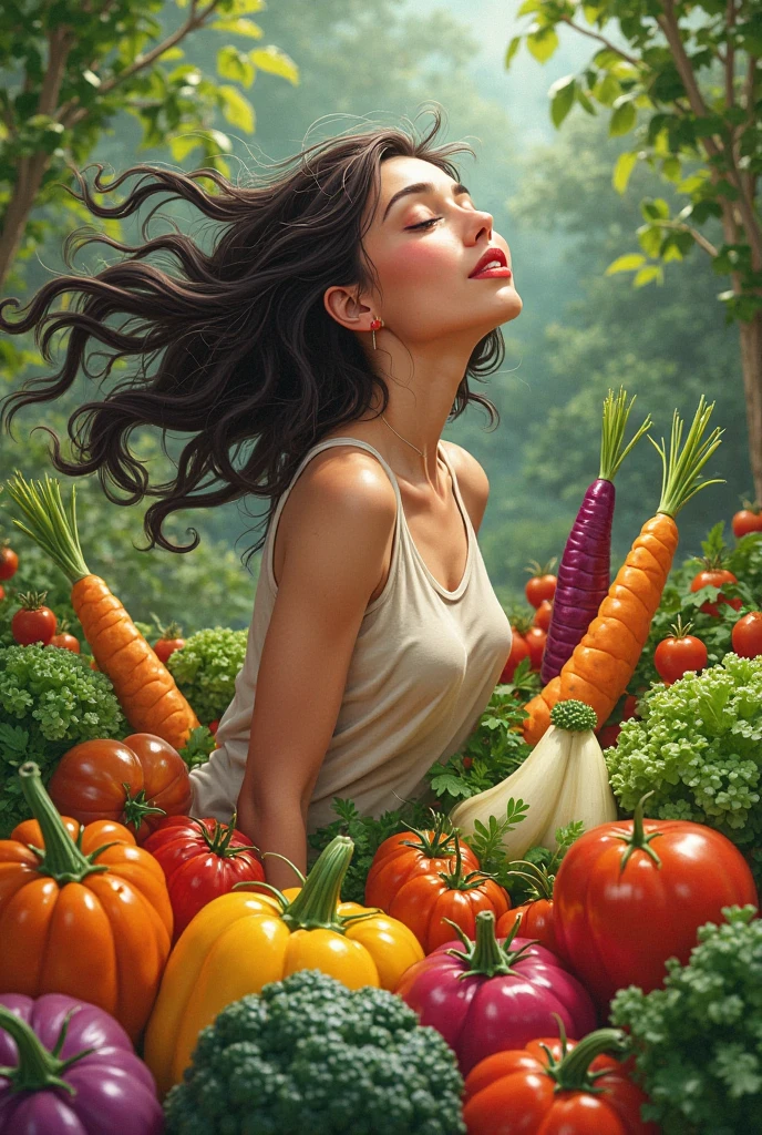 Beautiful woman dressed sexily sleeping in the garden, and his mouth was holding a serrated cucumber and beside it was a large, slimy, hairy corn kernel and there was also a long, large eggplant