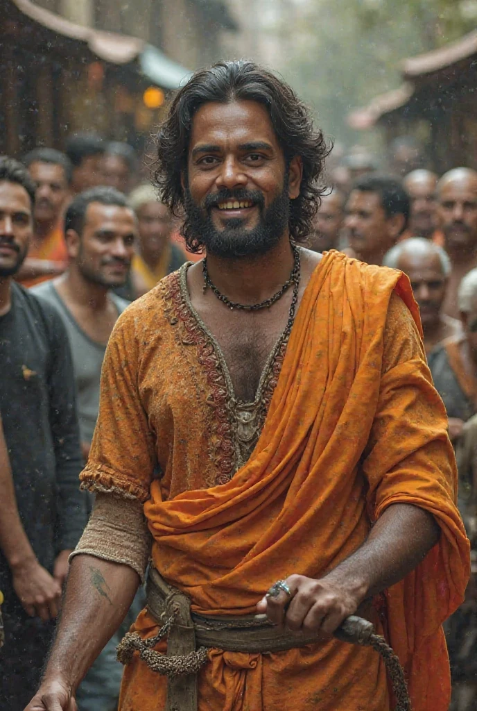 "Create an image of Indian man Aditya returning to his village, sharing his newfound knowledge with a crowd of villagers. The scene should show the villagers applauding and recognizing his bravery."realistic image