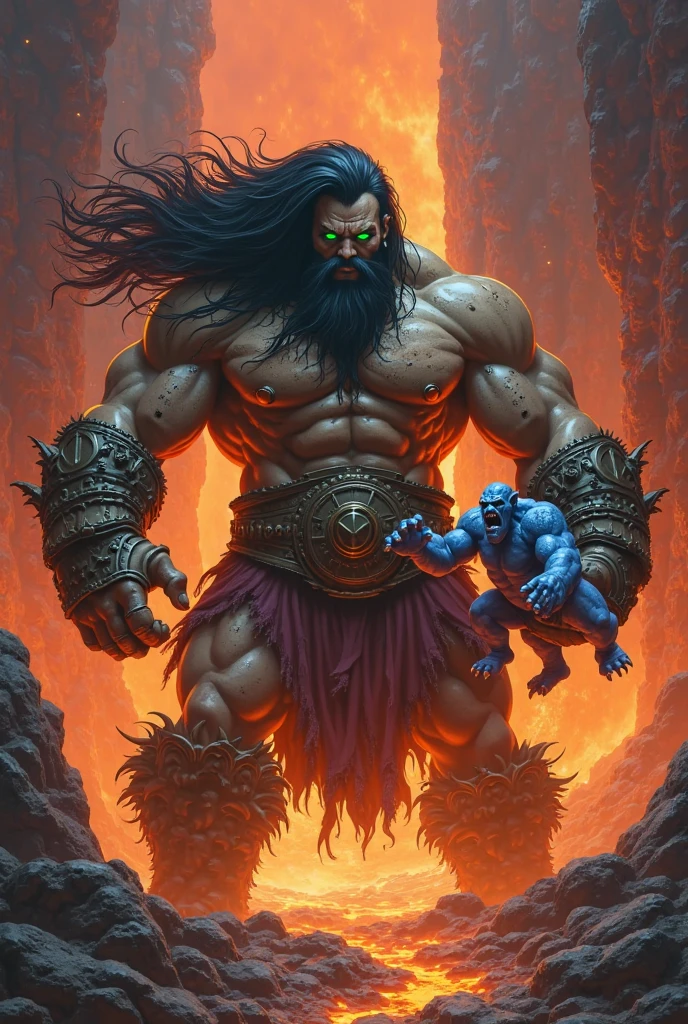 Extremely muscular man, chiseled features, washboard stomach, detailed hands, one thumb on each hand, four fingers on each hand, dark hair, detailed eyes, fierce expression, massive monster in the background, conan the barbarian, frank frazetta style painting,