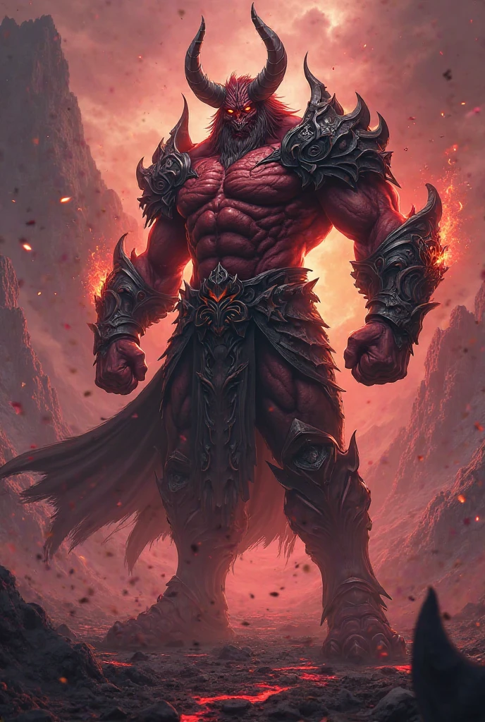A man all red and muscular. Viking style with a God twist. He is very powerful and shows fear and respect with his gaze.. His body is all muscular and his smile is sadistic. It has red effects around it.