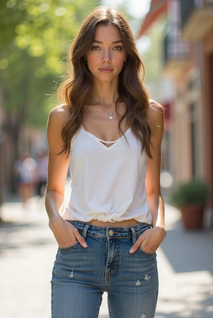 Realistic full body photo of a smiling, Young red-haired girl with long hair, She dances in front of the camera in a long blue tight blouse and tight jeans., Park,glamour fotoshooting, Park, perfect ???????, perfect green eyes. Perfect hands with 5 fingers on each hand, Matching girl, looking at the camera, 1 Frau. (Eye make up:1.1), (highly detailed skin:1.1), spirit, analog style, keen focus, 8K  UHD, dslr, good quality, Fujifilm XT3, Grain, Award-winning, ​masterpiece. Park