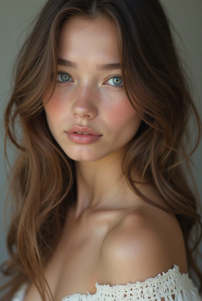 14 year old girl, best quality, cute, long brown hair, pale skin, freckles, sexy, bra