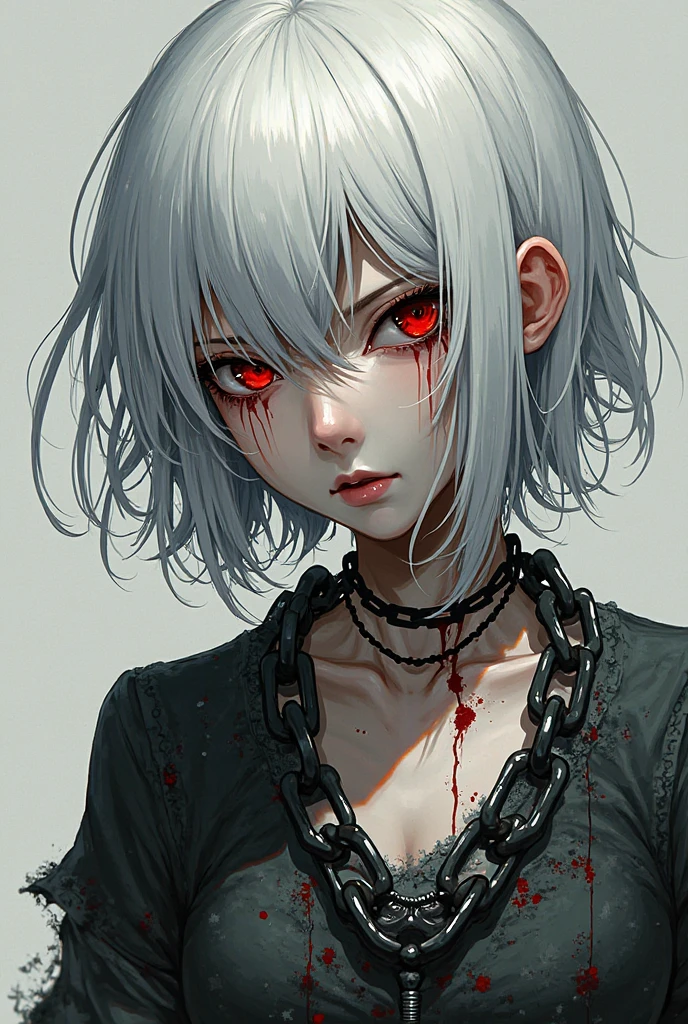 score_9, score_8_up, score_7_up, flat color, gthan, gothic, jewelry, red eyes, solo, blood, earrings, cross, 1girl, black background, looking at viewer, portrait, short hair, necklace, blood on face, cross necklace, simple background, spot color, closed mouth, white hair, cross earrings
