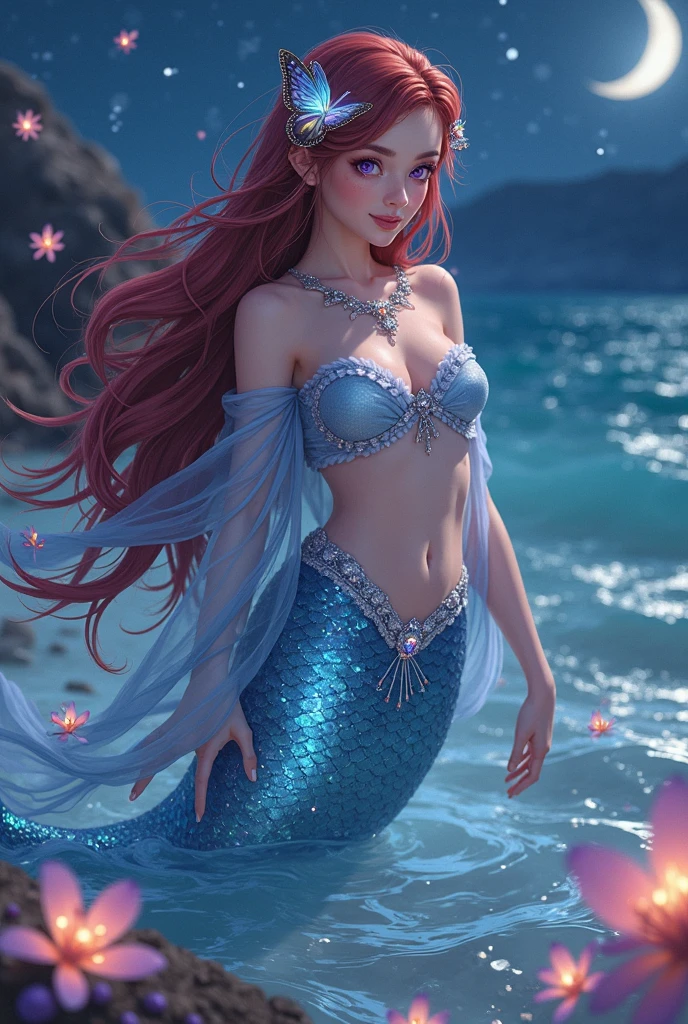 The Little Mermaid, under the sea, detailed fish tail, high-neck shirts, front view, large breasts