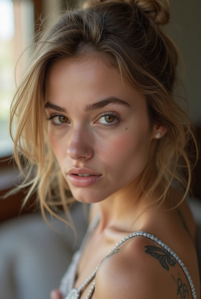 professional, (4K photo:1,1), (Focus:1,3), high detail, playful (Camila Giorgi1.1), beautiful detailed face, blue eyes, blonde hair, (blushing:1.1), Beautiful atletic body, Face close up only from shoulders up looking directly into the camera, nude topless, arms raised with hands behind the head, beautiful armpits, very sweaty skin, gloomy atmosphere, Dark background, (Eye makeup, mascara), ((Stylish hairstyle)), Natural breasts, ((Posing)), photoshoot, studio (Contour lighting), (The play of light and shadows), Focal Length, bokeh, (special attention to skin detail: 1.2), Detailed leather texture, skin pores, (Film grain, VHS effect), (shine) , ((lens)) , ultra detialed,