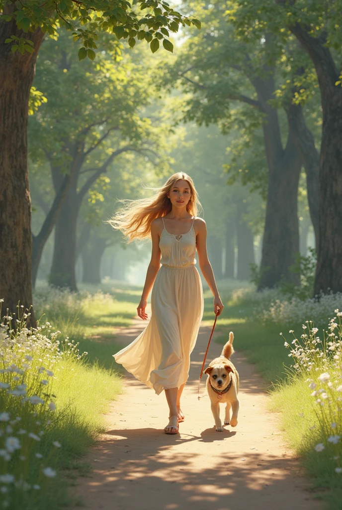 blonde woman walking in the park with white little dog