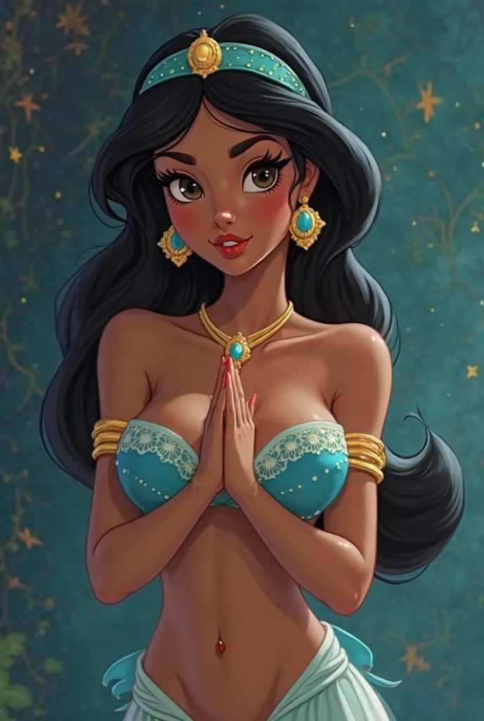 NSFW. ((Nude.)) (((1girl))), (((23years))), ((full body shot)), Jasmine on a silk bed cuddling a big tiger, Arabian, diadem with blue gem, jewelry, bracelets on arms, anklets on legs, colorful silks, Arabian setting, flowers, looking at viewer, ((highly detailed)), (((masterpiece))) Hyacinth