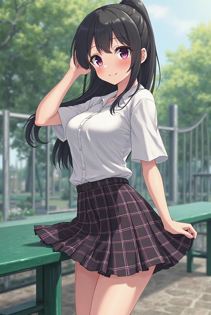 Elementary school girl, 8-year-old, Large Breasts, Black Hair, Long Hair, Purple eyes, smile（One person） Plain white T-shirt　Black mini skirt and white panties（（I can see her panties））White socks　sneakers　 Rural Scenery　walking　Dynamic angle Low angle