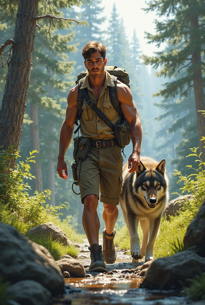 A young man with a dog, real image, forest atmosphere with scanty clothing, 3D picture