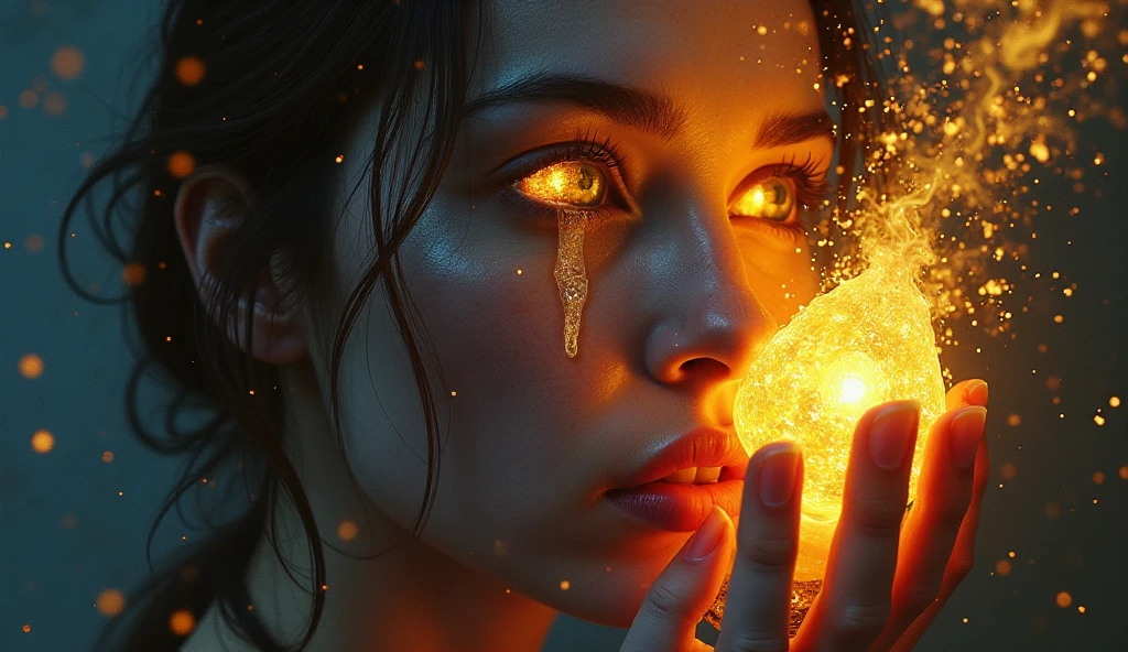 In the depths of the amber,a dark and mysterious world unfolds,where a surreal death woman with eyes of liquid gold wanders,lost in the amber's enigmatic dreamscape surrealistic,