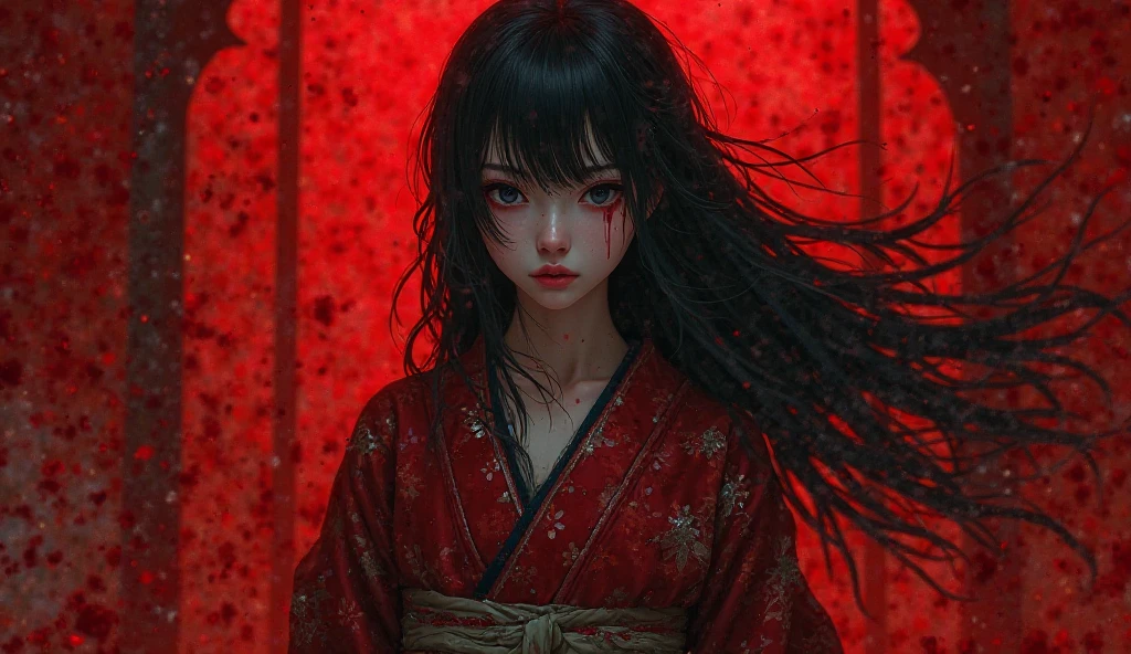 Black Hair。Bob。Straight hair type。Thin red horn。White skin。Green Eyes。Red on the corners of the eyes。Red seductive lips。Beautiful Japanese Women。Red long-sleeved kimono。whole body。