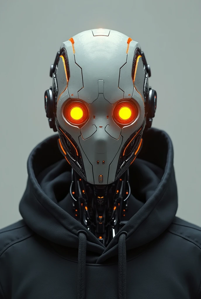 full male grey & gold android mask, with glowing orange neon eyes, in black hoodies, symmetric portrait, grey background
