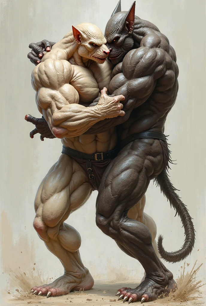 Wide angled picture of two large anthropoids acting hungrily, their immense size makes the room look thight, their immense size makes them touch the ceiling, its huge and round belly is dominant; size difference, male,canine, dog, pitbull:1.4, (dark and thick grey and wet fur:1.8, thick furred body, fluffy fur, thick fur, wet fur, naked),( cut ears:1.0), big fluffy furred balls, chubby:1.2, round belly, huge belly, bloated belly, overweight belly, inflated belly, big body, wide and bulky body, thick neck and chest, (middle-age), (musclegut:1.4, thick body:1.2), (yellow eyes:1.2),detailed black eyes,tail, (shower enclosure:1.6, full body:1.2), (by darkgem),(by OnePotatoATime),(by adios:1.2),(by taran fiddler),4k,masterpiece,full hd, BREAK