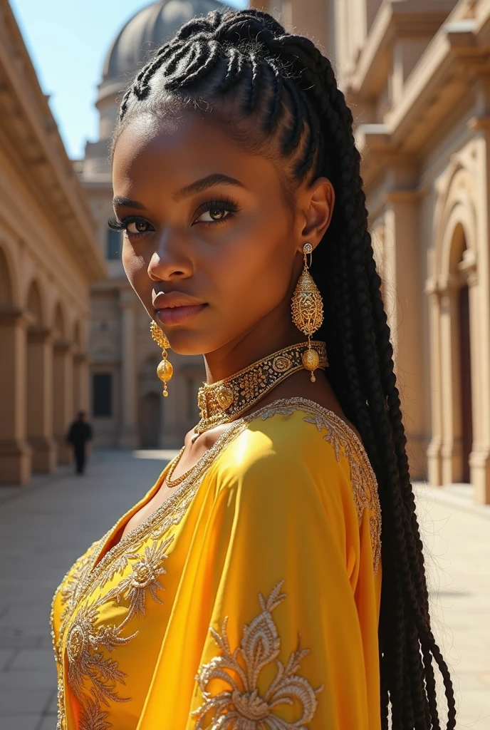 braided long hair, intricate gold earrings and necklace, ornate yellow clothing with embroidered floral designs, standing pose, outdoor urban environment, ancient architectural backdrop, bright natural lighting, artistic and vibrant atmosphere, side view angle, depth of field with blurred background, well-defined exposure