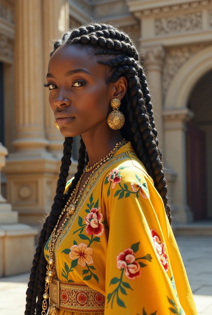 braided long hair, intricate gold earrings and necklace, ornate yellow clothing with embroidered floral designs, standing pose, outdoor urban environment, ancient architectural backdrop, bright natural lighting, artistic and vibrant atmosphere, side view angle, depth of field with blurred background, well-defined exposure
