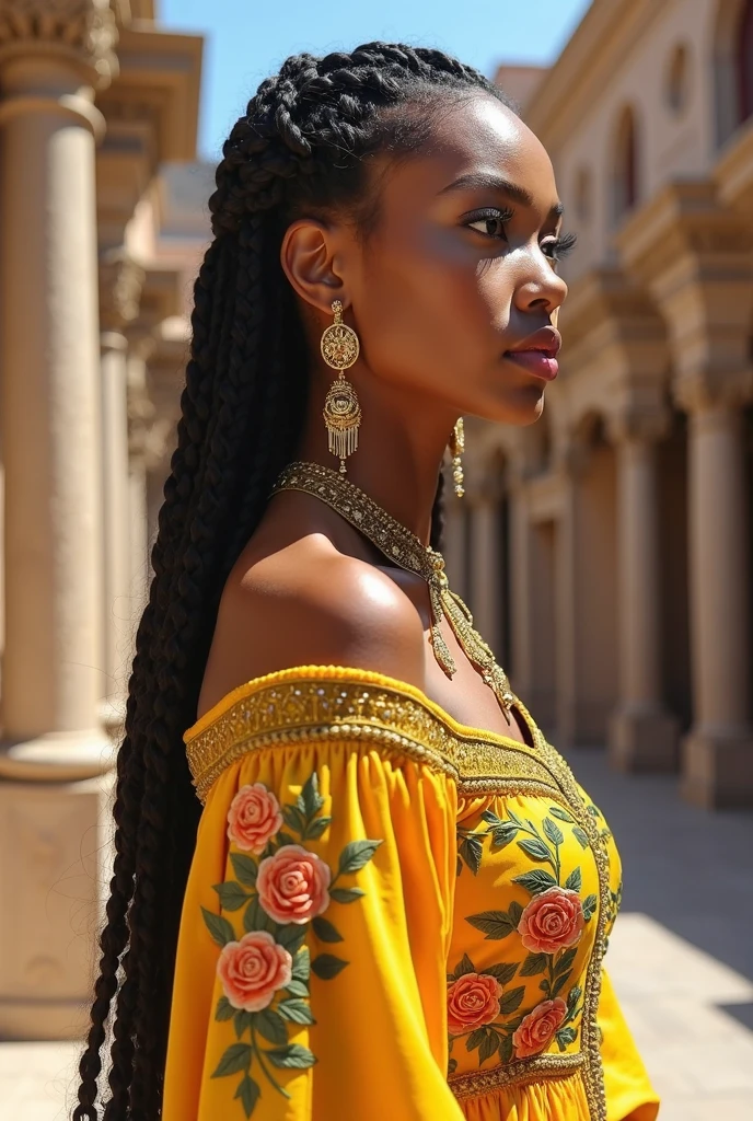 braided long hair, intricate gold earrings and necklace, ornate yellow clothing with embroidered floral designs, standing pose, outdoor urban environment, ancient architectural backdrop, bright natural lighting, artistic and vibrant atmosphere, side view angle, depth of field with blurred background, well-defined exposure