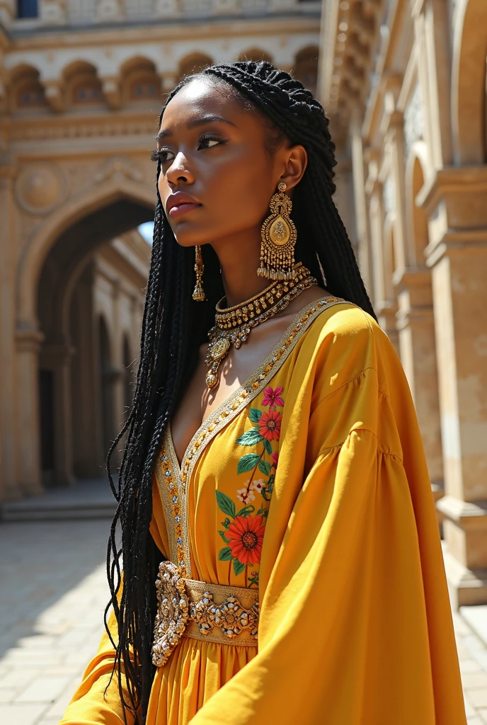 braided long hair, intricate gold earrings and necklace, ornate yellow clothing with embroidered floral designs, standing pose, outdoor urban environment, ancient architectural backdrop, bright natural lighting, artistic and vibrant atmosphere, side view angle, depth of field with blurred background, well-defined exposure