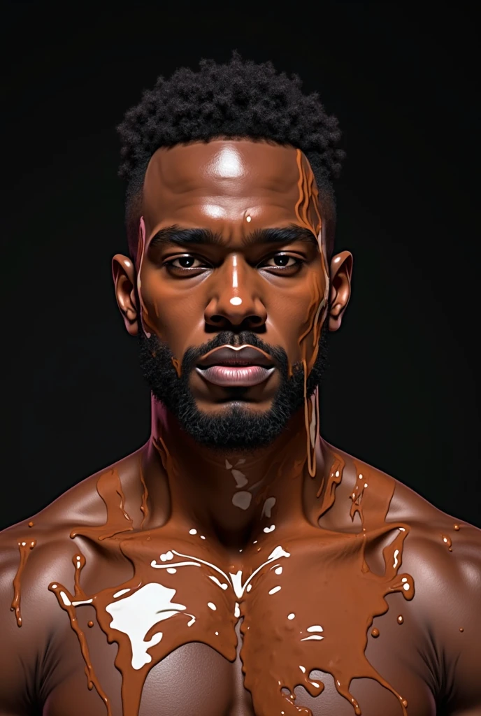 (portrait shot, ultra-detailed, best quality, photorealistic:1.37, 4k, realistic, portrait photography, jiggling male, black guy, dressed with melted chocolate, melt chocolate everywhere, fluid brown chocolate, dense fluid chocolate, matte light, iconic pose, detailed facial features, vibrant colours, melt chocolate background, 35mm)