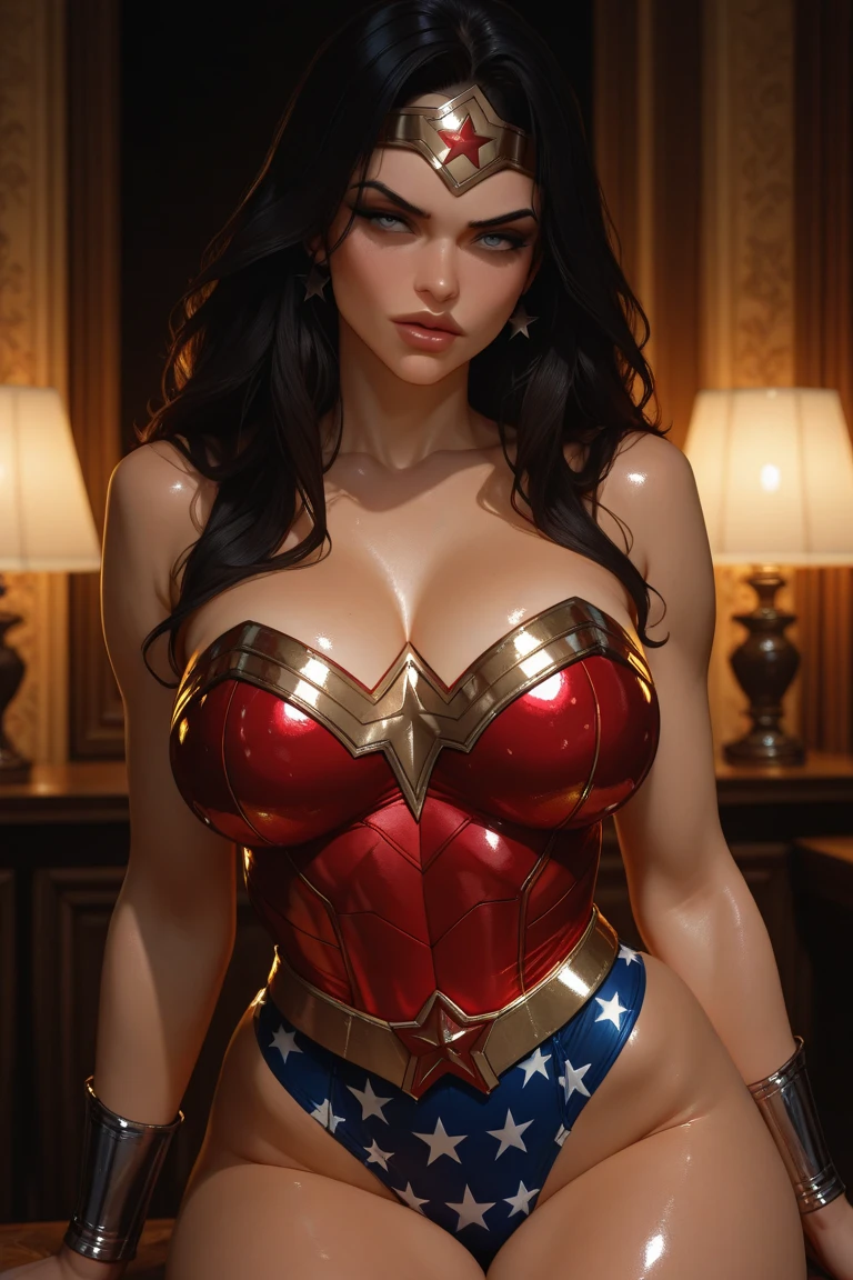 Lucy Pinder, face portrait, ((glossy lipstick)), cleavage, in bed, lying down, sexy pose, smiling, voluptuous woman, very intense makeup, shiny lipstick, very intense makeup, wonder woman