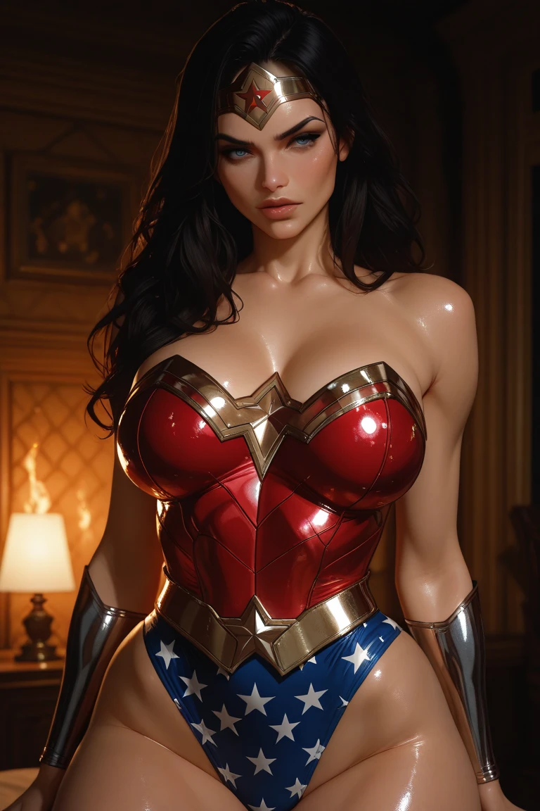 Wonder woman from dc, ultra realistic photo, 8k hdr, pure white skin, long brown hair, perfect face, perfect shape body, very large breasts, nsfw, seductive, posing to viewer, 3d