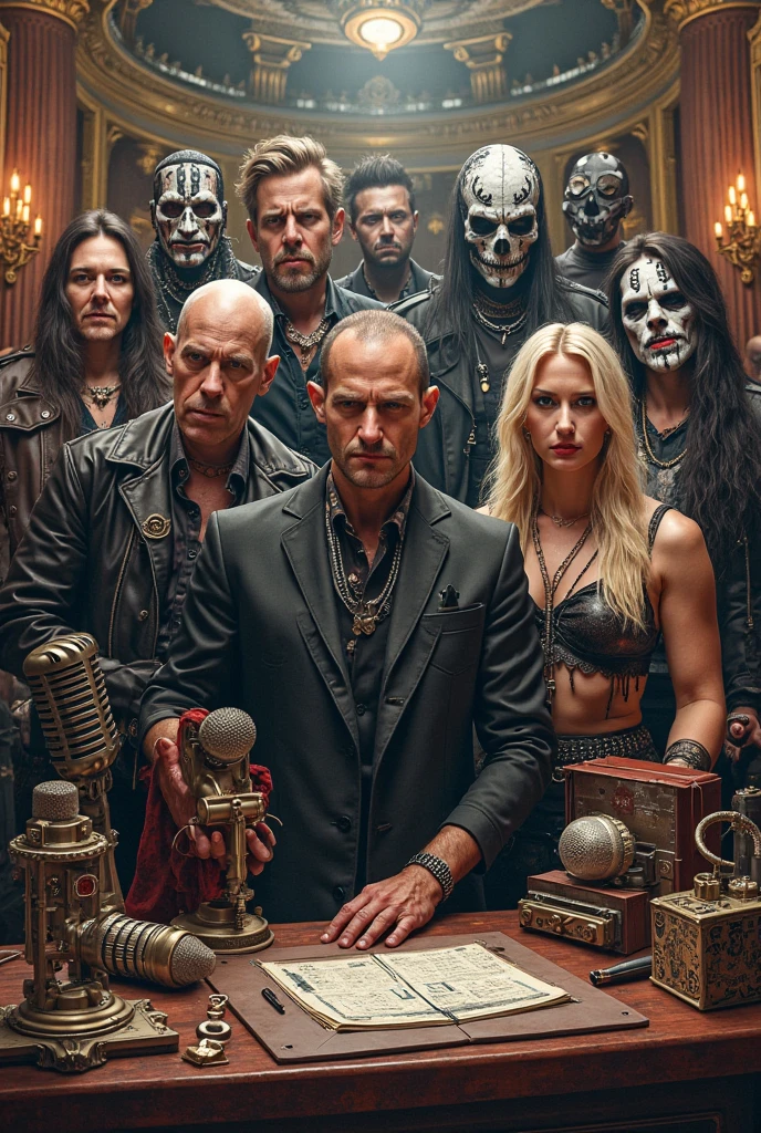 A bald man dressed in black leather in front of everyone, Behind a very sexy white-haired woman hugging the man&#39;s arm, Next to her is another woman with blonde hair with one hand on the man&#39;s shoulder and another woman with dark hair, taller than the others, standing behind the blonde., dressed as sensual Templars without clothes, futuristic fantasy style