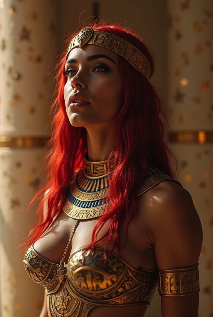 masterpiece best quality, highly detailed, 8K RAW photo, bokeh, danmachiishtar, makeup, tiara, revealing clothes, skirt, jewelry, earrings, necklace, bracelet, cleavage, dark skin, contrapposto, purple hair, purple eyes, cowboy shot, simple background