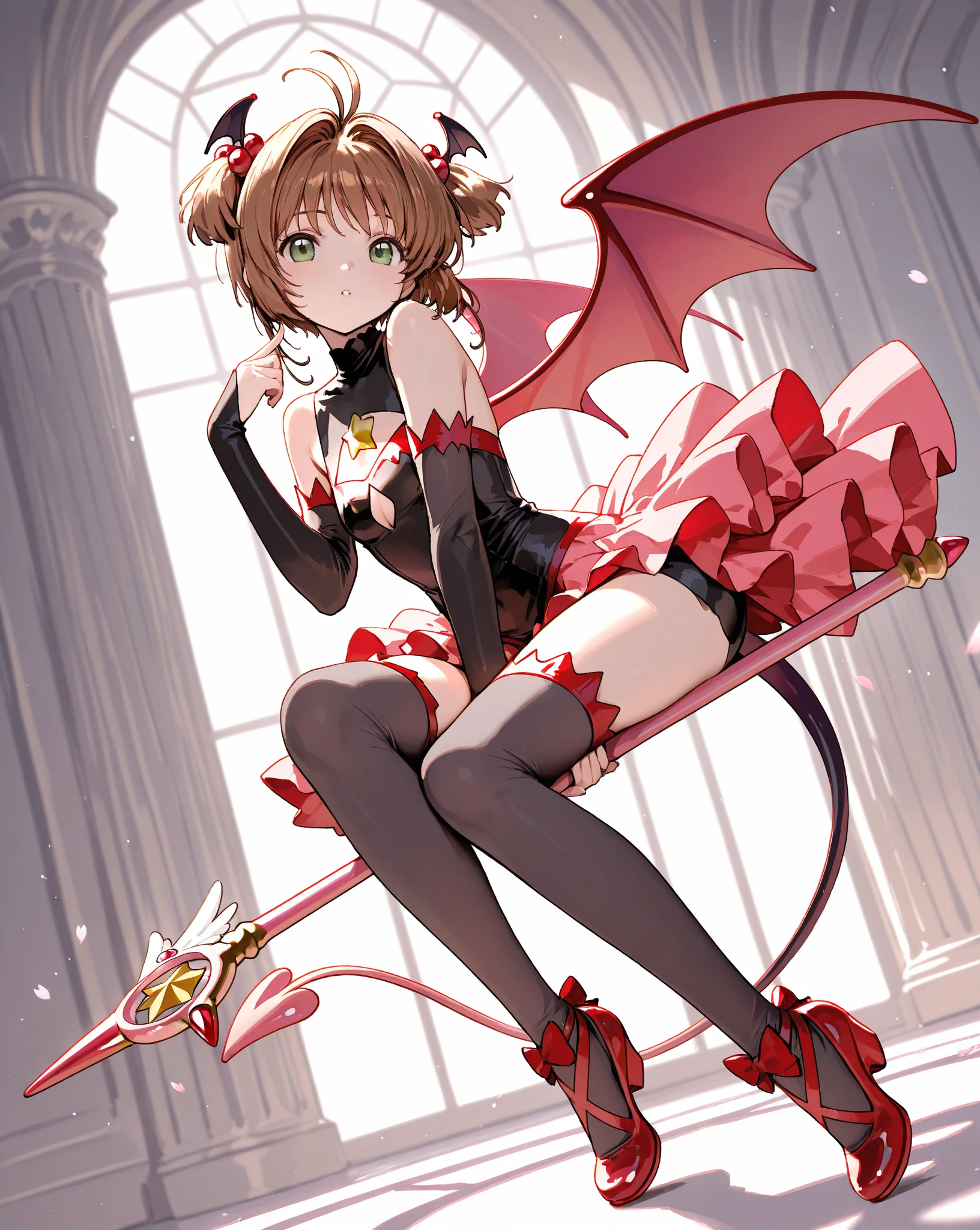 tmasterpiece，Highest resolution，8k wallpaper，Highest drawing quality)，1 girl，own，(Huge fox tail)，Brown hair，Green-eyed，Small flower headdress，(21-year-old college student_C cups,modernn architecture, 摩洛解放阵线, At home，Black silk 𧙕，The succubus smile，Look from the bottom up，