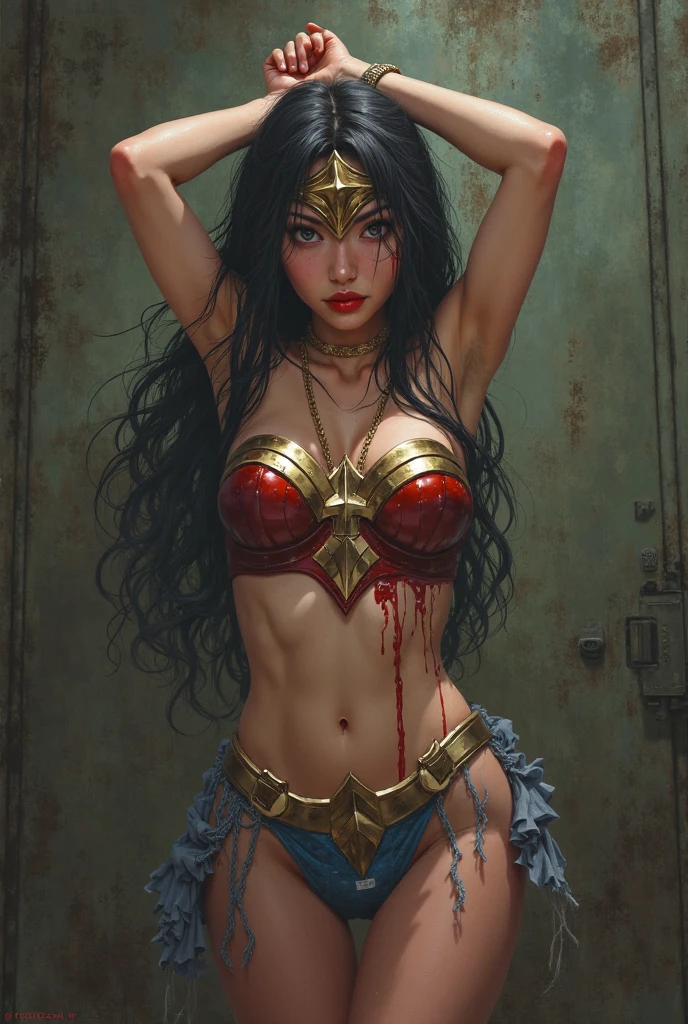 full body shot, dramatic angle, superheroine, named crimson bullet. but she is defeated by enemies and captured them, ((now, she is whipped)), she is kneeling, her eyes closed, helpless, humiliating, regrettable, she remains tied up, ((rough rope wrapped around chest tighten up2.5)), static restrained, ((arms behind back 2.5)), ((screaming in pain)), full body shot, in underground base, she wears a form-fitting red bodysuit (sleeveless) that accentuates her athletic figure. The bodysuit has gold accents, a star emblem on the chest, and intricate designs on the shoulders, hips, and thighs. The suit's material has a metallic sheen that reflects the surrounding light, emphasizing the futuristic theme. Her hair is shiny black and very long has well-groomed waves. She wears long red metallic gloves and matching thigh-high boots, both decorated with gold trim. A futuristic gauntlet is worn on her right arm